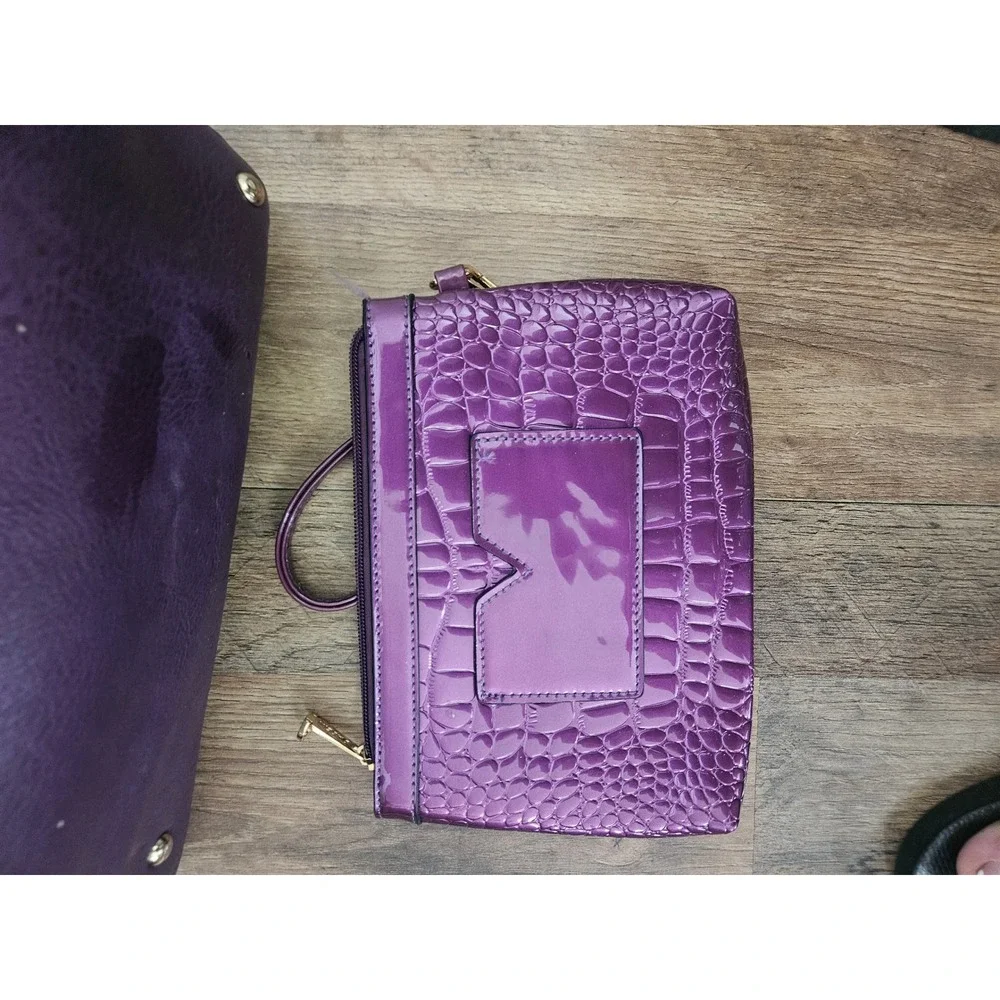 Purple Croc Embossed Satchel Handbag Gold Hardware with Matching Wristlet Pouch